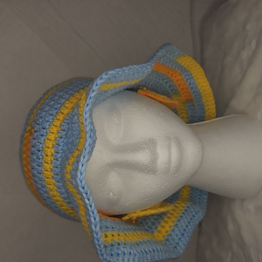 Striped Blue and Yellow Crochet Hat with matching Crochet Boho earings